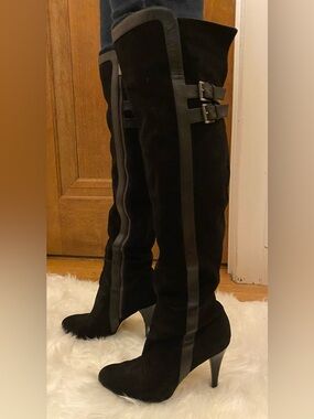 Michael Kors Black Over-the-Knee Suede Boots with Buckle Detail 4” Stiletto Heel